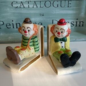 Vintage Ceramic Clown Bookends Nursery Kids Room Made in Taiwan Lefton